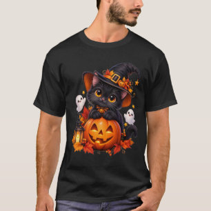 Zwarte Kat Halloween Pompoen T-Shirt