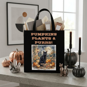 Zwarte Kat Halloween Pompoenen Planten Spinnen Vin Tote Bag