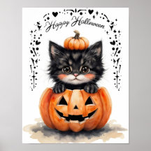 Zwarte kat Halloween poster | Pompoen Jack O L