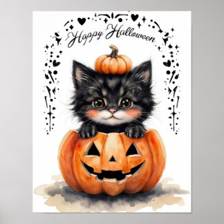 Zwarte kat Halloween poster | Pompoen Jack O L