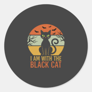 Zwarte Kat Halloween Retro Zonsondergang Design Ronde Sticker