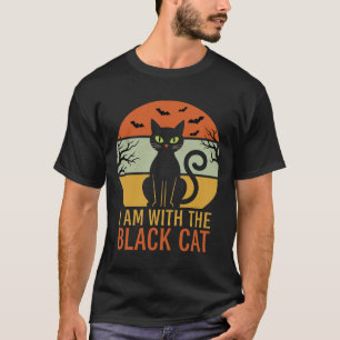 Zwarte Kat Halloween Retro Zonsondergang Design T-shirt