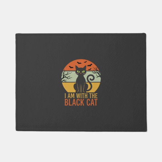 Zwarte Kat Halloween Retro Zonsondergang Ontwerp Deurmat (Voorkant)