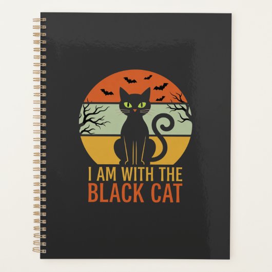 Zwarte Kat Halloween Retro Zonsondergang Ontwerp Planner (Voorkant)