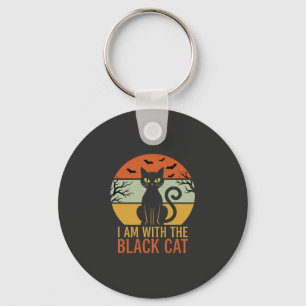 Zwarte Kat Halloween Retro Zonsondergang Ontwerp Sleutelhanger