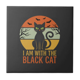Zwarte Kat Halloween Retro Zonsondergang Ontwerp Tegeltje