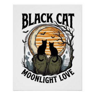 Zwarte Kat Halloween Shirt Vintage Maan Kerkhof A Perfect Poster