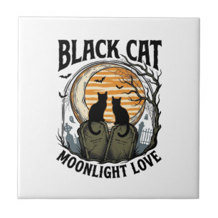 Zwarte Kat Halloween Shirt Vintage Maan Kerkhof A Tegeltje