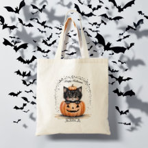 Zwarte kat Halloween-tas met pompoen en jack-o'-la