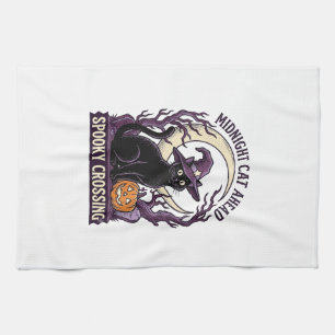 Zwarte Kat Halloween Vintage Gravure Pompoen Kat Theedoek