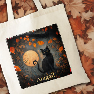 Zwarte kat Halloween Volle Maan Art Nouveau Tote Bag