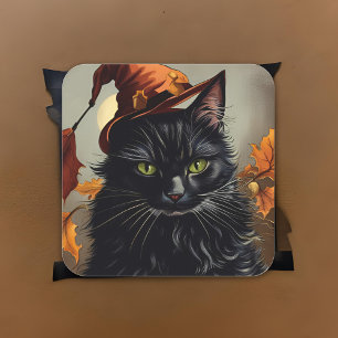 Zwarte kat Halloween  Witchy Schilderij Spooky Vierkante Sticker