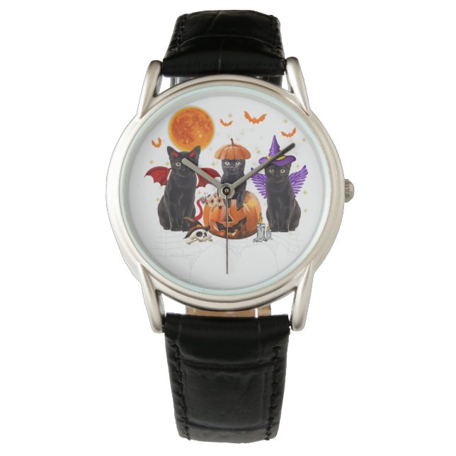 zwarte kat halloween, zwarte kat zittend op pompoe horloge (Voorkant)