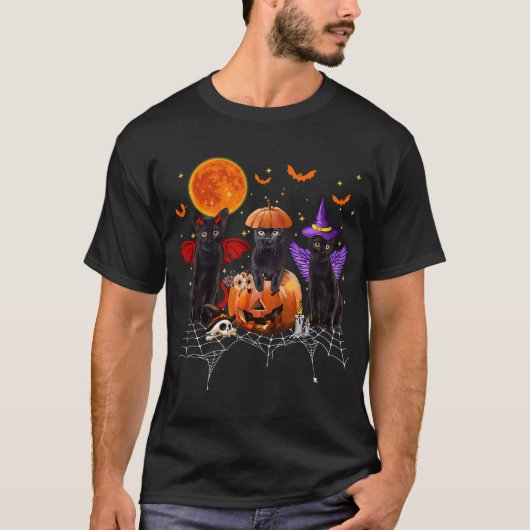 zwarte kat halloween, zwarte kat zittend op pompoe t-shirt (Voorkant)