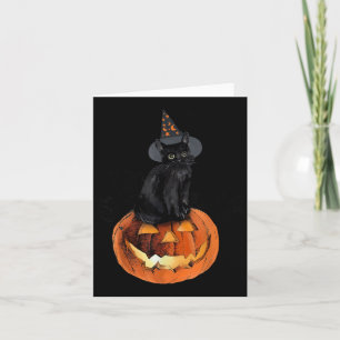 Zwarte Kat Halloween Zwarte Kat Zittend Op Pompoen Kaart
