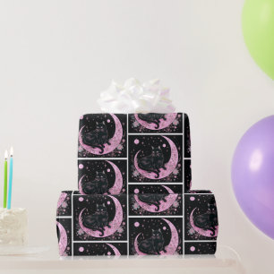 Zwarte Kat Halve Maan Bloem Wit Halloween Cadeaupapier