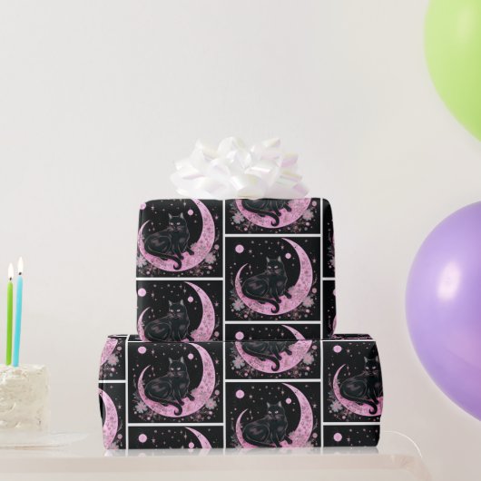 Zwarte Kat Halve Maan Bloem Wit Halloween Cadeaupapier (Feestgeschenken)