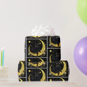 Zwarte Kat Halve Maan Bloem Wit Halloween Cadeaupapier