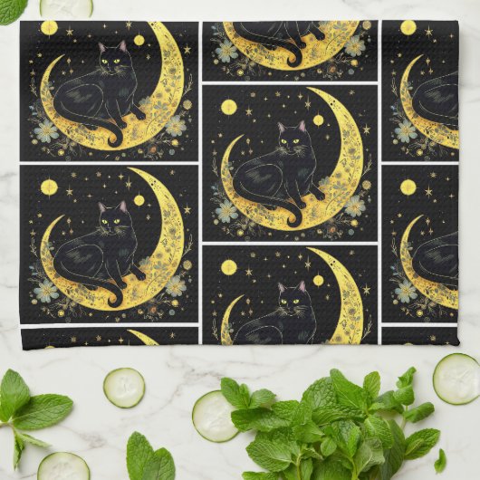 Zwarte Kat Halve Maan Bloemen Wit Halloween Theedoek (Gevouwen)