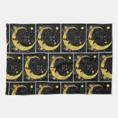 Zwarte Kat Halve Maan Bloemen Wit Halloween Theedoek (Horizontaal)