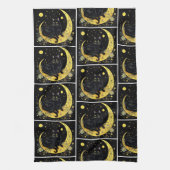 Zwarte Kat Halve Maan Bloemen Wit Halloween Theedoek (Verticaal)