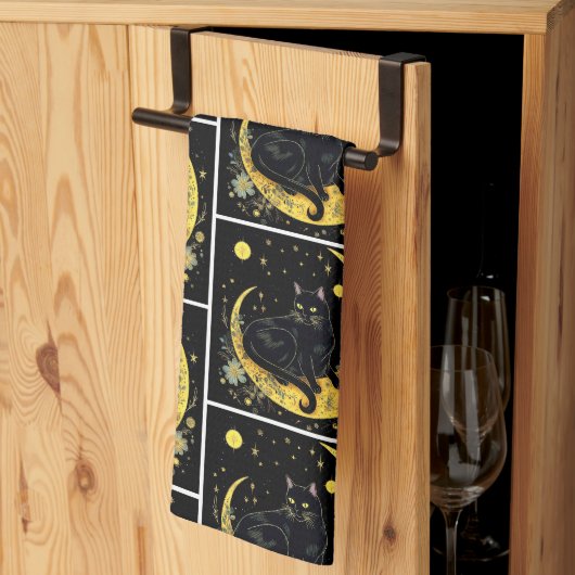 Zwarte Kat Halve Maan Bloemen Wit Halloween Theedoek (Derde Gevouwen)