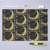 Zwarte Kat Halve Maan Bloemen Wit Halloween Tissuepapier (Craft)