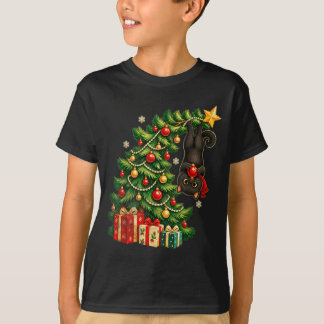 Zwarte kat hangend aan kerstboom feestelijke huisd t-shirt