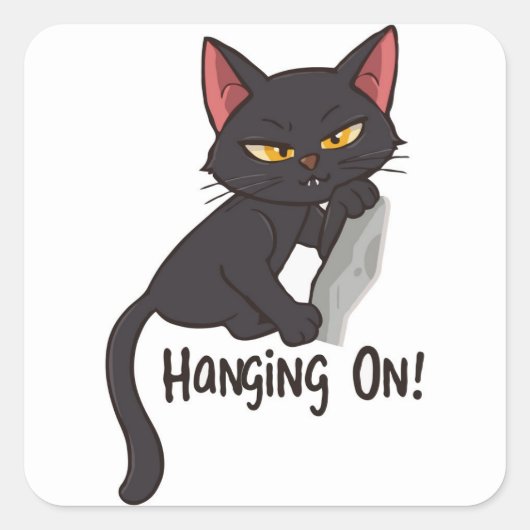 Zwarte kat hangt aan vierkante sticker (Voorkant)