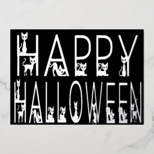Zwarte kat "Happy Halloween" Typografie Ontwerp Folie Uitnodiging