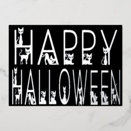 Zwarte kat "Happy Halloween" Typografie Ontwerp Folie Uitnodiging