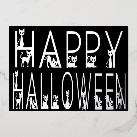 Zwarte kat "Happy Halloween" Typografie Ontwerp Folie Uitnodiging (Voorkant)