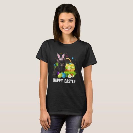 Zwarte kat Happy Paasdag Bunny Eggs Mannen vrouwen T-shirt (Voorkant volledig)