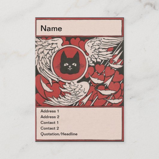Zwarte kat, harten en harten,  visitekaartje (Voorkant)