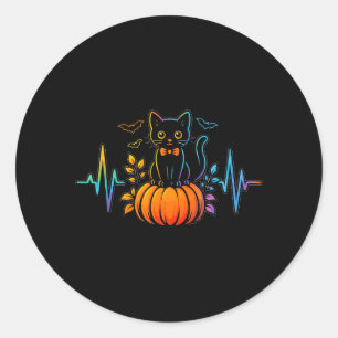 Zwarte Kat Hartslag Halloween Pompoen Voor Vrouwen Ronde Sticker