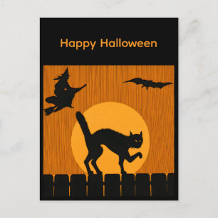 Zwarte kat, heks en maansilhouet voor Halloween Briefkaart