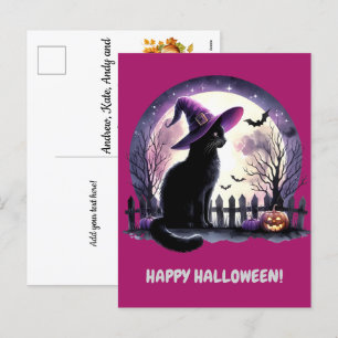 Zwarte kat heks en vleermuizen Happy Halloween Feestdagenkaart