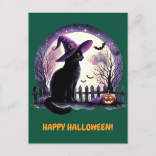 Zwarte kat heks en vleermuizen Happy Halloween Hol Feestdagenkaart