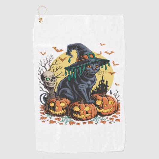Zwarte kat heks enge Halloween pompoen oversized Golfhanddoek (Voorkant)