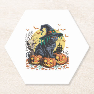 Zwarte kat heks enge Halloween pompoen oversized Kartonnen Onderzetters