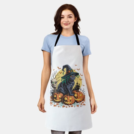 Zwarte kat heks enge Halloween pompoen oversized Schort (Gedragen)