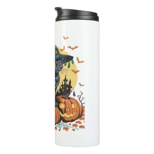 Zwarte kat heks enge Halloween pompoen oversized Thermosbeker (Geroteerd rechts)