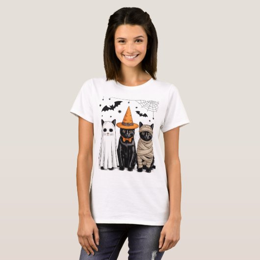 Zwarte kat heks enge Halloween pompoen T-shirt (Voorkant volledig)
