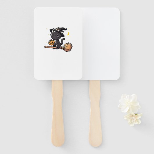 Zwarte kat heks Halloween kostuum bezemsteel jonge Handwaaier (Voorkant en achterkant)