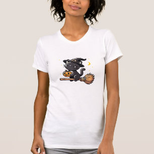 Zwarte kat heks Halloween kostuum bezemsteel jonge T-shirt