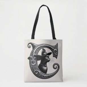 Zwarte Kat Heks Heksachtige Letter C Aangepaste In Tote Bag