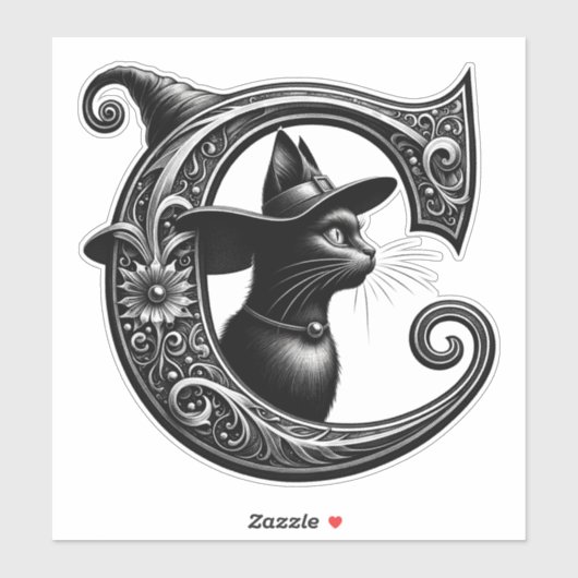 Zwarte Kat Heks Heksen Letter C Aangepaste Initiaa Sticker (Vel)