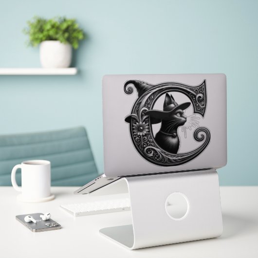 Zwarte Kat Heks Heksen- Letter C Op Maat Gemaakte Sticker (Laptop op bureau)