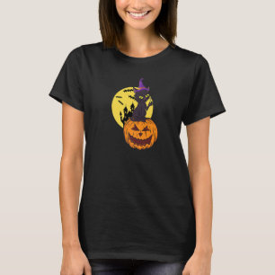 Zwarte Kat Heks Hoed Maan Pompoen Halloween Kostuu T-shirt