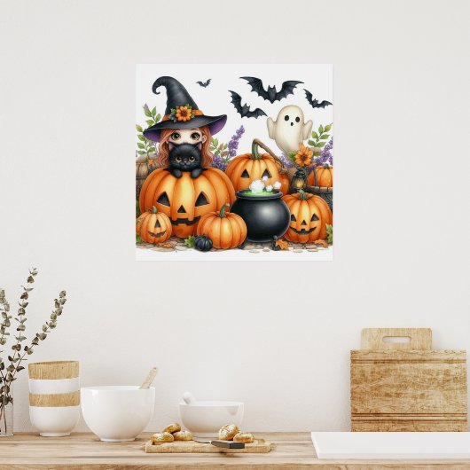 Zwarte kat, heks, ketel, geest poster (Keuken)